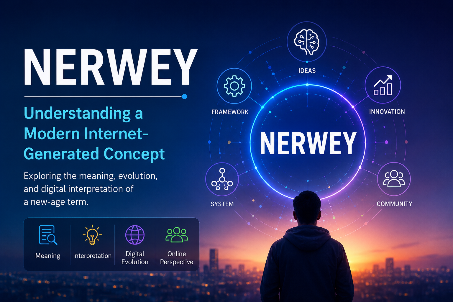 Futuristic digital infographic showing the word “NERWEY” with interconnected icons representing ideas, framework, system, innovation, and community, displayed over a modern blue and purple tech background with a person observing a glowing network interface.